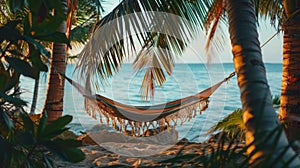 tropical relaxation, relax in a cozy hammock swaying between two palm trees, a serene summer spot ideal for unwinding