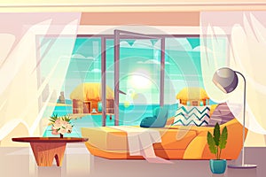 Tropical resort hotel room interior cartoon vector