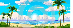 Tropical resort landscape panorama. Sea shore beach, exotic palms, coastline, clouds, sky, summer vacation. Vector