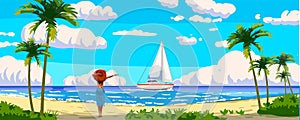 Tropical resort landscape panorama, woman on the beach, sailboat. Sea shore sand, exotic palms, coastline, clouds, sky