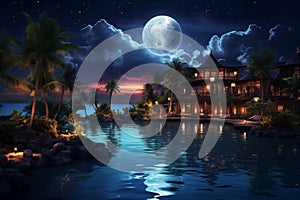 Tropical resort at night, panoramic view with moon and stars, generated by AI