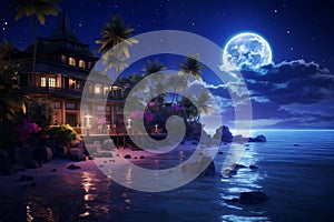 Tropical resort at night, panoramic view with moon and stars on the sky, generated by AI