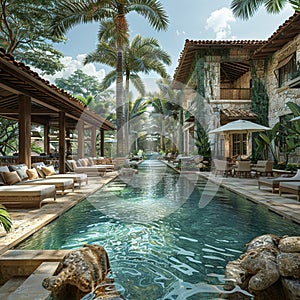 Tropical resort pool area with cabanas and a swim-up bar