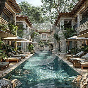 Tropical resort pool area with cabanas and a swim-up bar