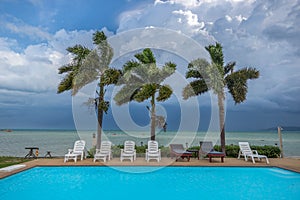 Tropical Resort Pool with Lounge Chairs, Palm Trees, at the Ocean and Clouds sky background view