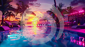 Tropical Resort Pool at Sunset. Generative ai