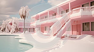 Tropical resort after unexpected snowstorm. Retro feel. Pink southern hotel with a swimming pool and palm trees. Generative AI