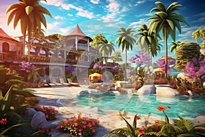 tropical resort view with beautiful pool and flower garden ai generated
