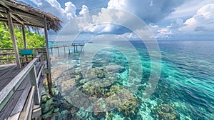 Tropical resort wooden walkway to overwater bungalows over turquoise ocean water