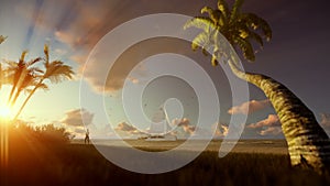 Tropical resort with yacht sailing and woman running on the beach at sunset