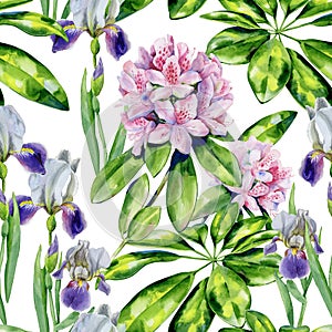 Tropical rhododendron flowers and iris pattern