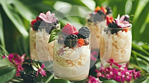 Tropical Rice Pudding Cups with Fresh Berries and Flowers