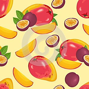 Tropical ripe fruits and green leaves seamless pattern. Vector mango and passion fruit on yellow background.