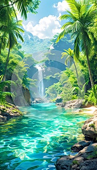 Tropical River Gorge with Lush Greenery and Cascading Waterfall. Tropical resort natural pool