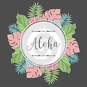 Tropical round label with colorful palm leaves. For invitations, greeting cards, blogs, posters and more. Vector.