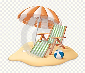 Tropical sand beach with chair, umbrella and ball isolated vector illustration.