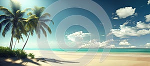 Tropical sand beach with palm trees and sea waves landscape. Tropic island wallpaper background. Summer holiday travel concept