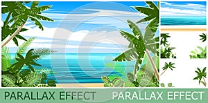 Tropical sand beach and palm trees. set of slides create parallax image layer. Cartoon style. Isolated on white