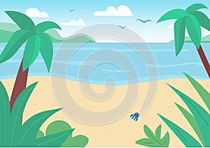 Tropical sand beach and sea flat color vector illustration