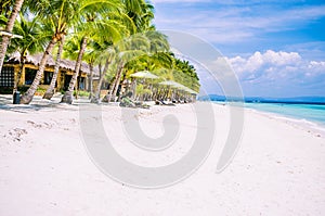 Tropical sandy beach at Panglao Bohol island with Sme Beach chairs under palm trees. Travel Vacation. Philippines