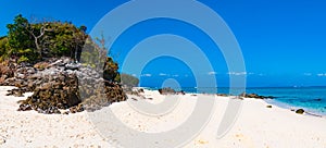 Tropical sandy beach panorama with big rock in the island, Phi P