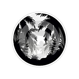 Tropical scenery with palm trees, monochrome landscape in geometric round shape design vector Illustration on a white