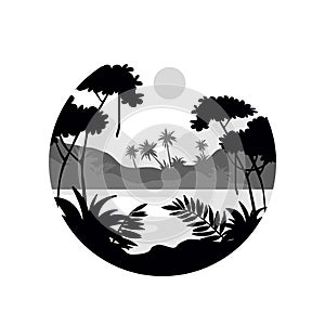 Tropical scenery with palm trees, water and mountains, monochrome landscape in geometric round shape design vector