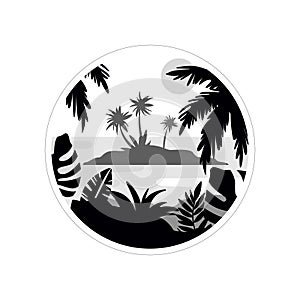 Tropical scenery withisland and palm trees, monochrome landscape in geometric round shape design vector Illustration on