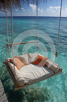 Tropical sea background as summer relax landscape with beach swing or hammock and blue sea Luxury travel