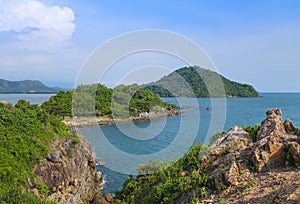 Tropical sea bay view landscape, island, mountain cliff and rock