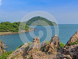 Tropical sea bay view landscape, island, mountain cliff and rock