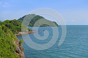 Tropical sea bay view landscape, island, mountain cliff and rock