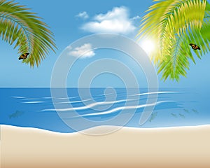 Tropical sea and beach with blue sky in sunny weather. Vector illustration.
