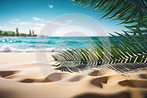 Tropical sea beach mockup template and palm leaf on seaside background for SPF cream protection. created with Generative AI
