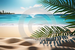 Tropical sea beach mockup template and palm leaf on seaside background for SPF cream protection. created with Generative AI