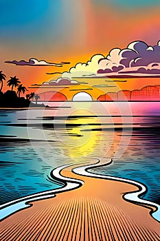 Tropical sea beach at sunset - Comic book style seascape