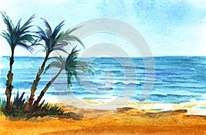 Tropical sea coast. Azure sea, blue sky. Bright sand. Three dark silhouettes of a palm tree.