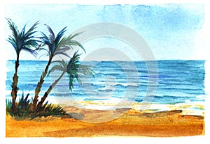 Tropical sea coast. Azure sea, blue sky. Bright sand. Three dark silhouettes of a palm tree.