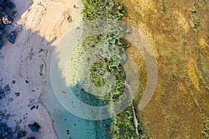 Tropical sea coral reef coastline. Beautiful shades of green, blue and brown.