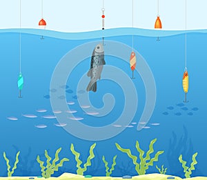Tropical sea fishing concept, clean water fishing spot flat vector illustration. Human person hobby angling seaside