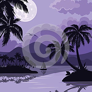 Tropical sea landscape with moon and palm