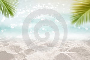 Tropical sea sand sun and white sand floor with palm leaves as frame Montage Summer background concept