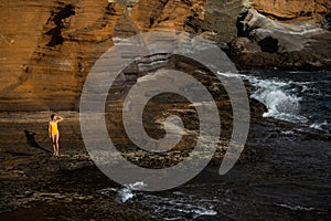 Tropical sea with Sea coast view in summer season with a female swimmer