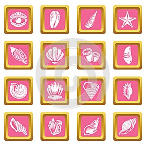 Tropical sea shell icons set pink square vector