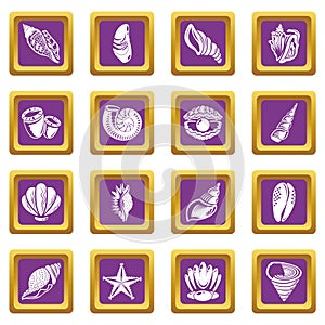 Tropical sea shell icons set purple square vector