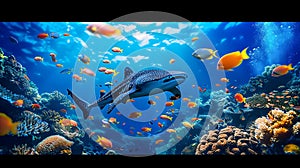 Tropical sea underwater colorful fishes with shark on coral reef oceanarium ocean life AI generated
