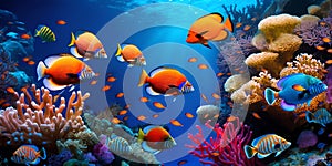 Tropical sea underwater fishes on coral reef. Aquarium oceanarium wildlife colorful marine panorama landscape nature