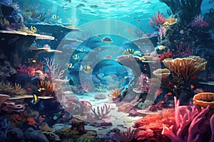 Tropical sea underwater fishes on coral reef. Aquarium oceanarium wildlife colorful marine panorama landscape nature