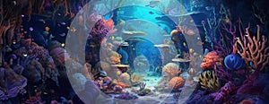 Tropical sea underwater fishes on coral reef. Aquarium oceanarium wildlife colorful marine panorama landscape nature