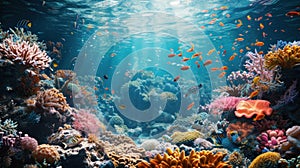 Tropical sea underwater fishes on coral reef. Aquarium oceanarium wildlife colorful marine panorama landscape nature